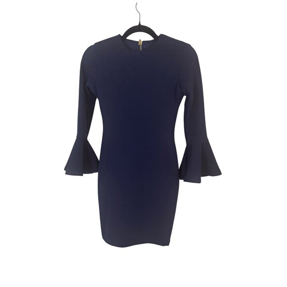 2/$30 B DARLIN Small Navy Blue Bell Sleeve Mini Dress Gold Back Zipper - Picture 1 of 16